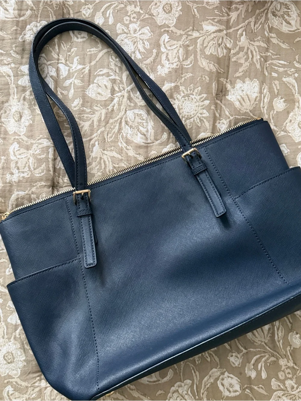 Michael Kors Dark Blue Leather Tote with Gold Accent Charm